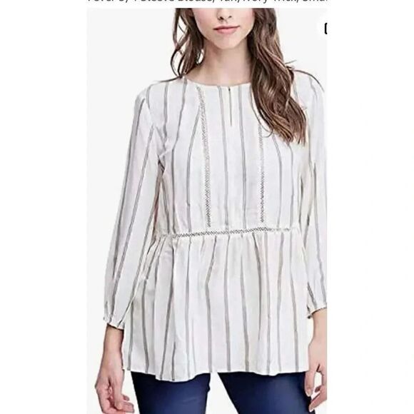 NWT Fever 3/4 Sleeve Blouse, Tan/Ivory Stripes Lace Bohemian Gypsy Sz M #1842 - Picture 1 of 11